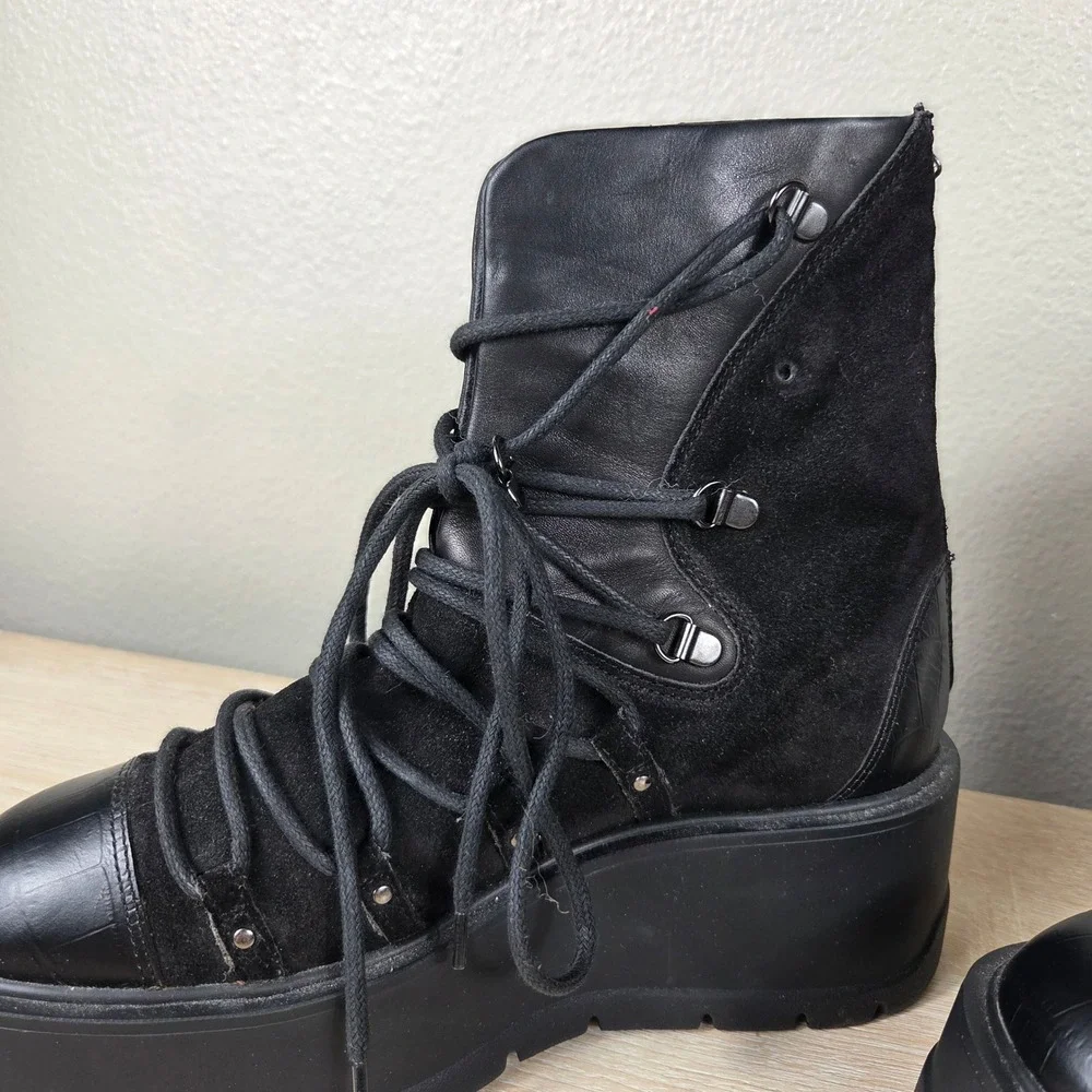 Free People Simone Wedge Boots Black Leather Suede Lace Up Women's EU 38